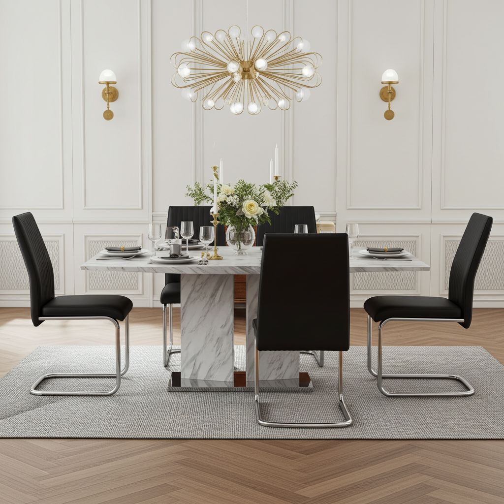 Tyler White Faux Marble Dining Table with 6 Chairs