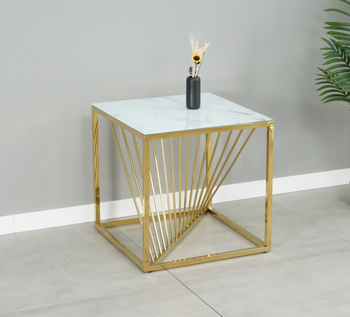 Contemporary Styling Marble Glass Top Side Table With Gold Legs STC-010-C