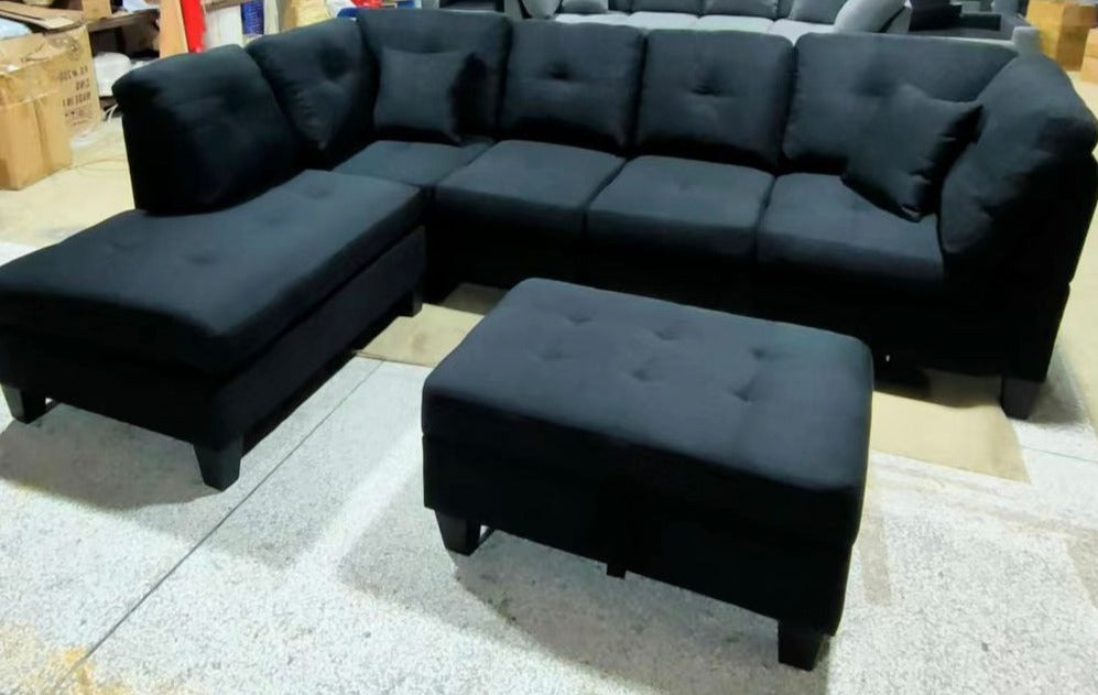 Reversible Fabric Sectional Sofa with Ottoman in Black 1012
