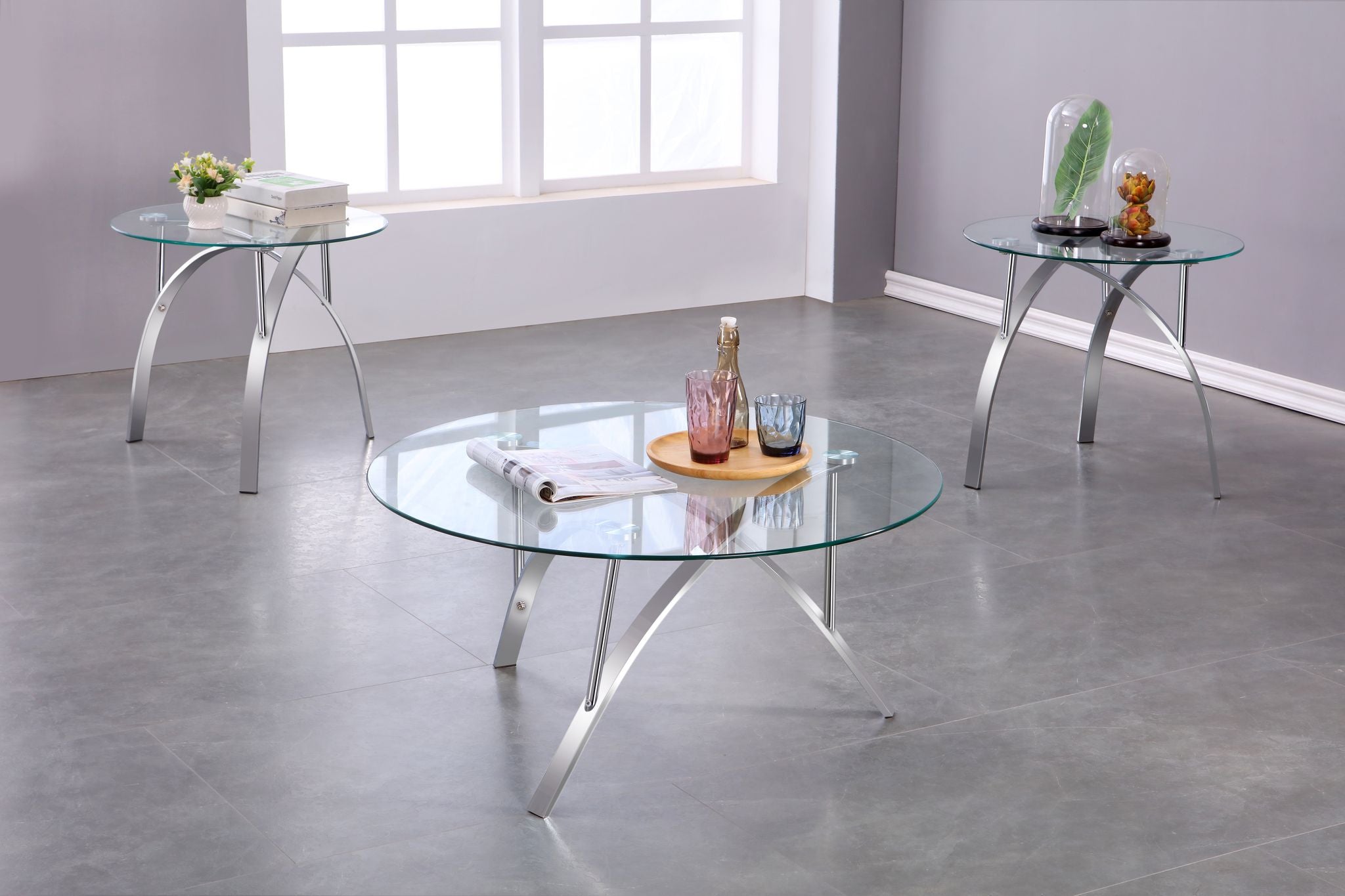 Round Glass Coffee Table With 2 End Tables Silver 1019-13