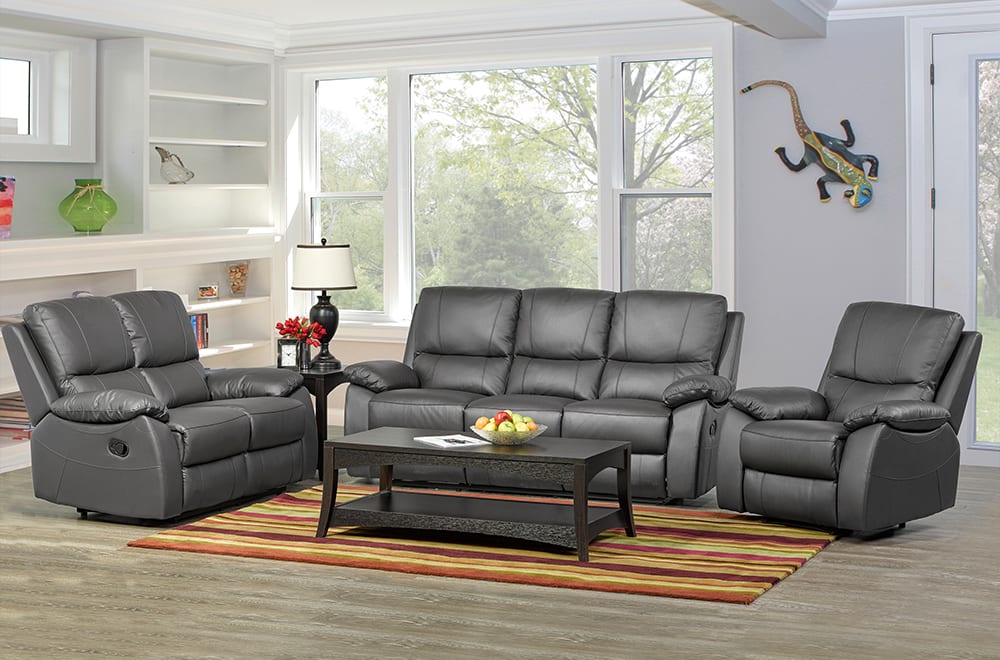 Charcoal Genuine Leather Recliner Sofa Set T 1415