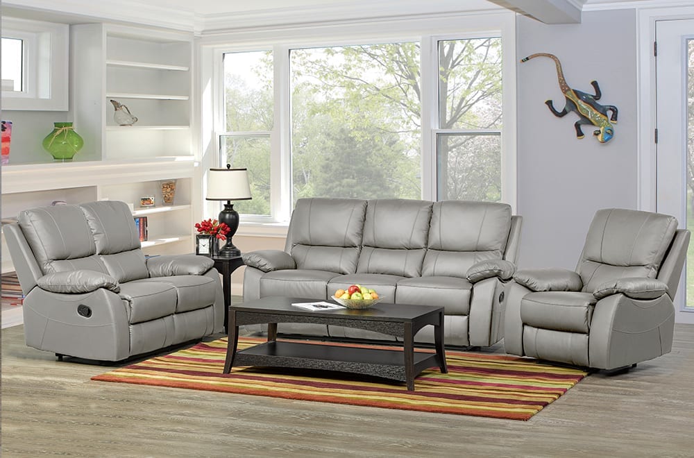 Grey Genuine Leather Recliner Sofa Set T 1415