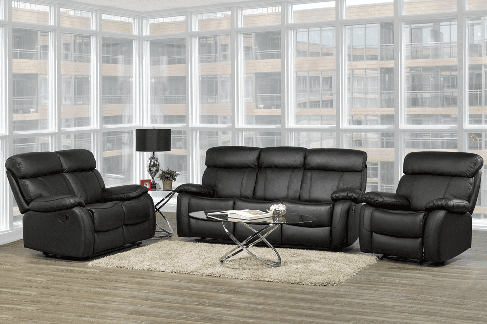 Genuine Leather Recliner 3PC Sofa Set Black 1420