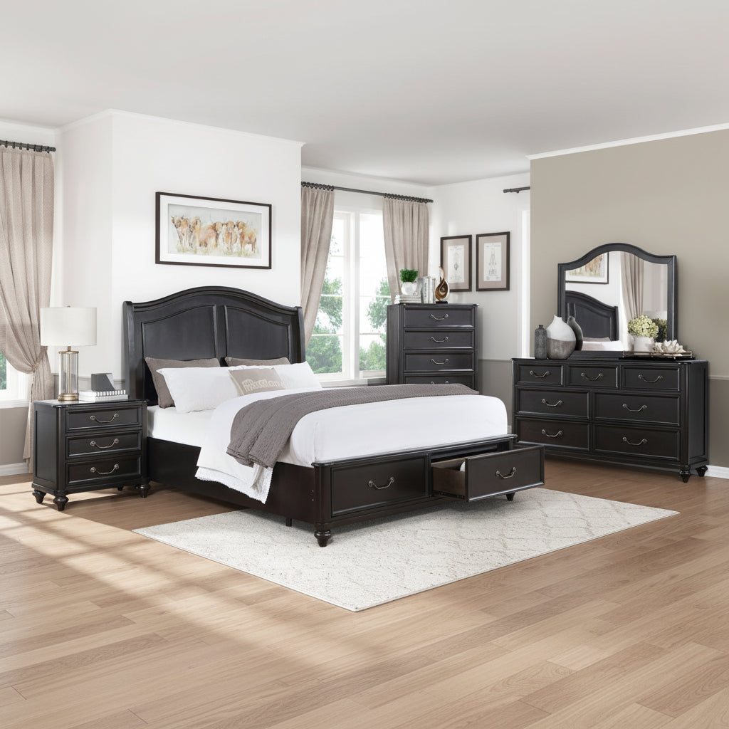A bedroom set featuring a charcoal brown solid wood bed with a traditional design, including a headboard, footboard, dresser, nightstand, and a mirror, set against a backdrop of a bedroom interior.