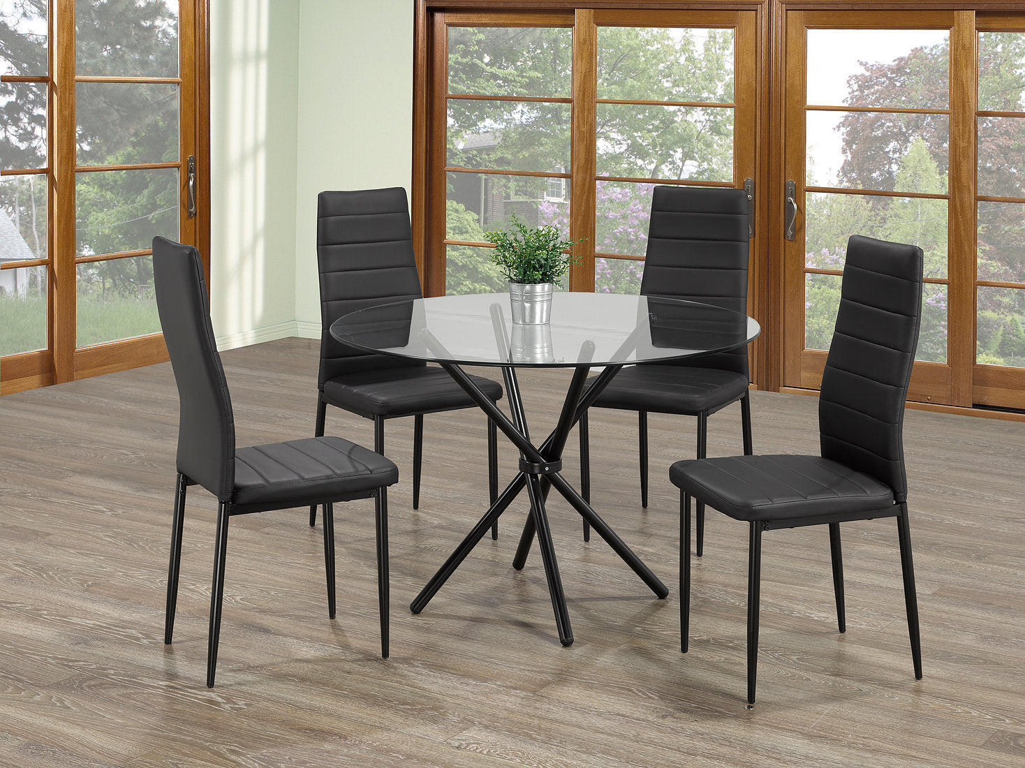 Round Tempered Clear Glass Dining Table with 4 Black Chairs IF-1429/5053