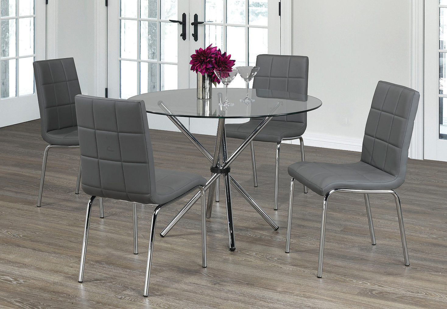 Round Tempered Clear Glass Dining Table with 4 Grey Chairs IF-1430/1762
