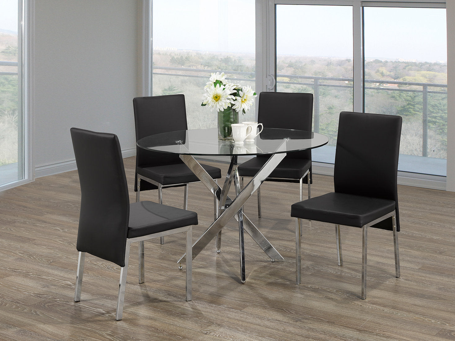 Round Glass Dining Table with Black Chairs IF-1447/5063