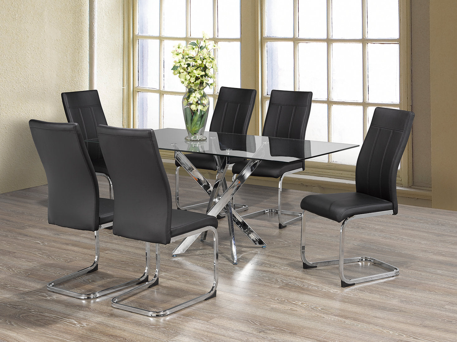 Rectangular Glass Dining Table With 6 Black PU Chairs 1448/1877