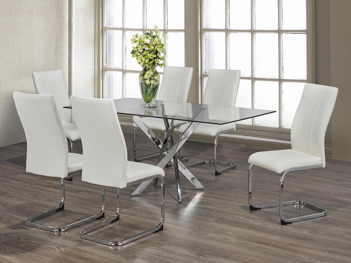 Glass Dining Table With 6 White PU Chairs 1448/1878