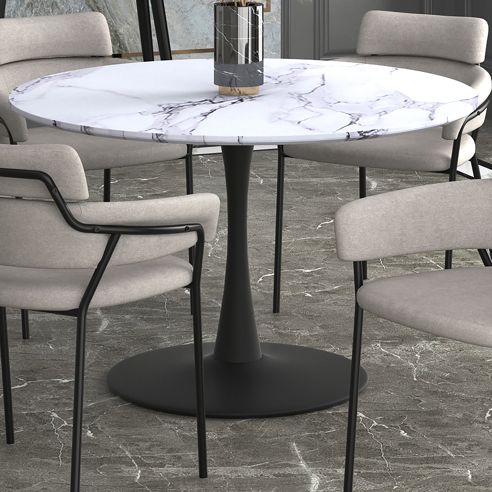 Zilo 48" Round Dining Table in White Faux Marble and Black 201-671BK_L