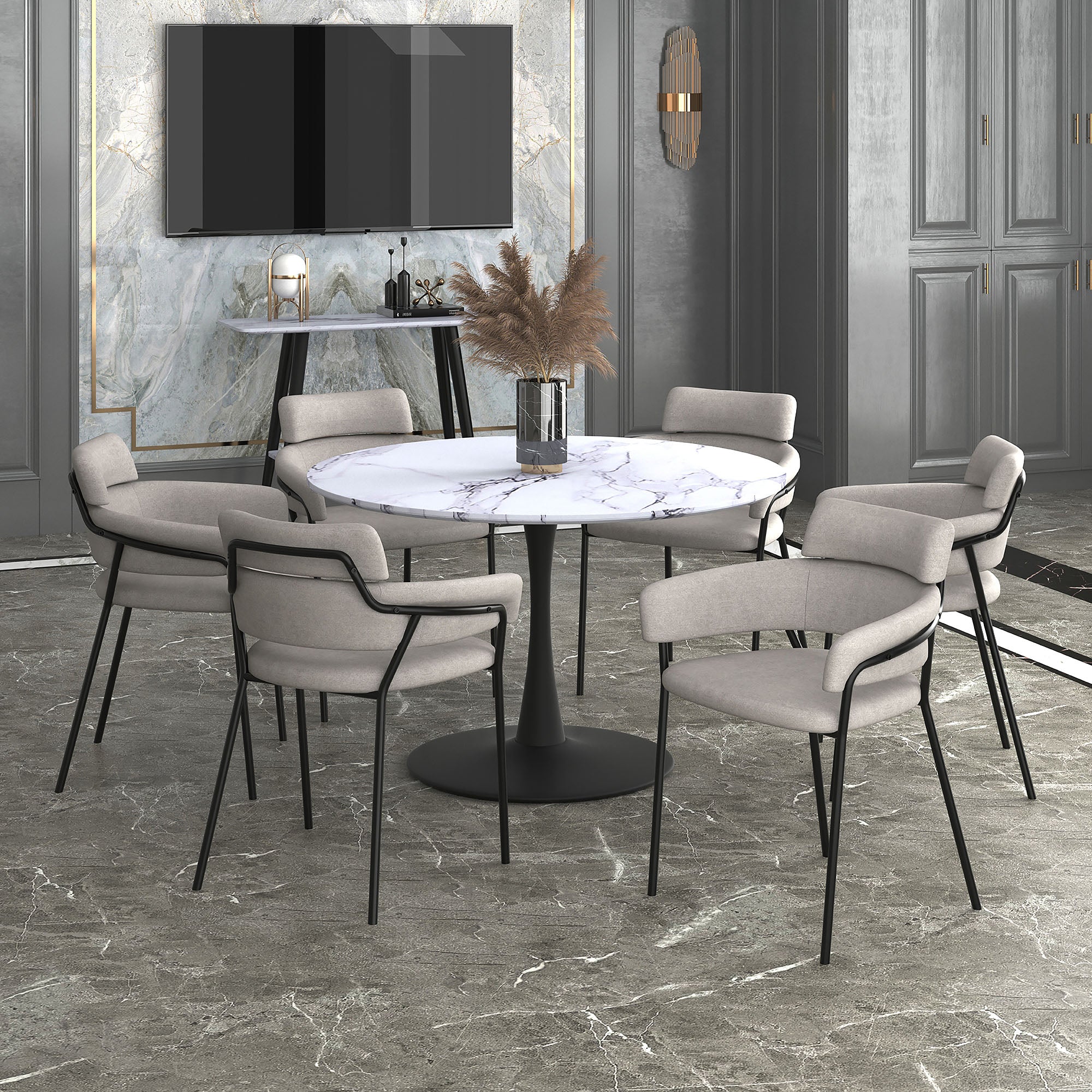 Zilo 48" Round Dining Table in White Faux Marble and Black 201-671BK_L
