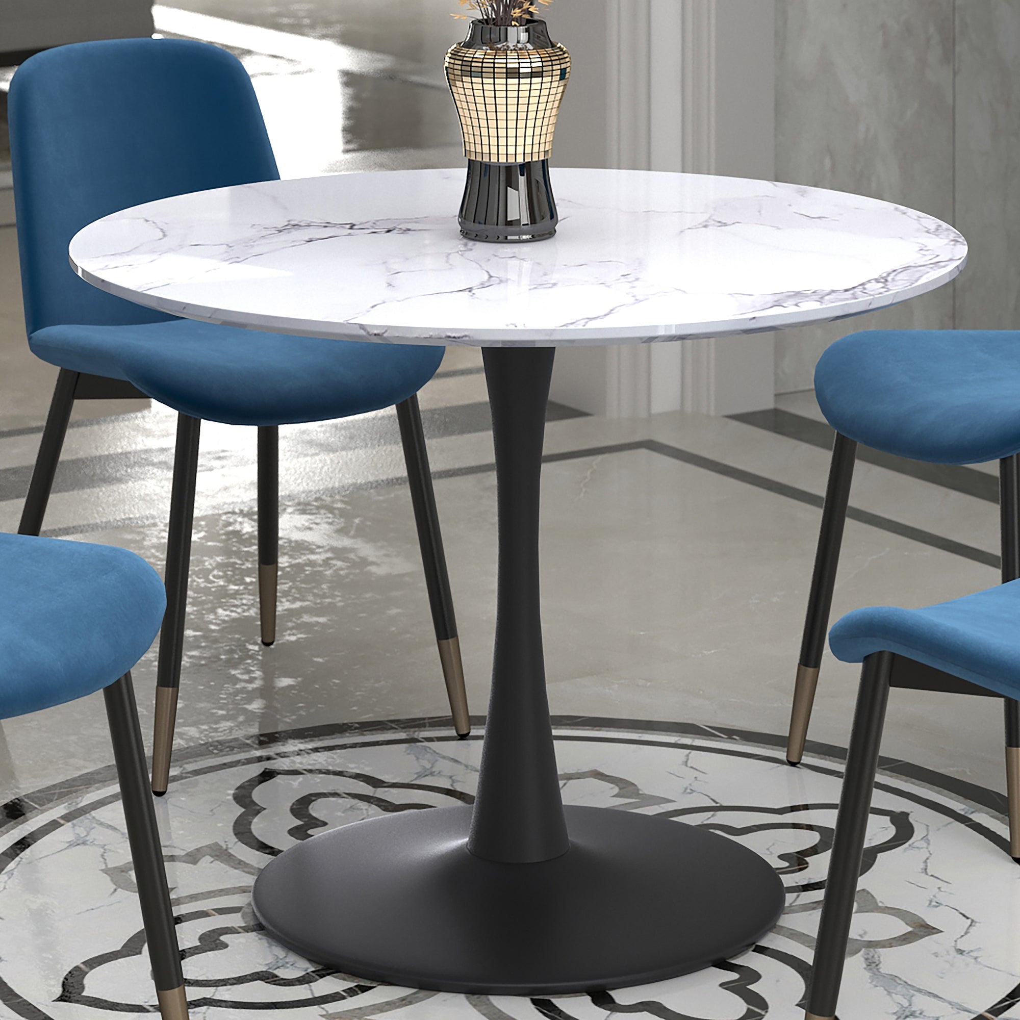 Zilo 40" Round Dining Table in White Faux Marble and Black 201-671BK_S