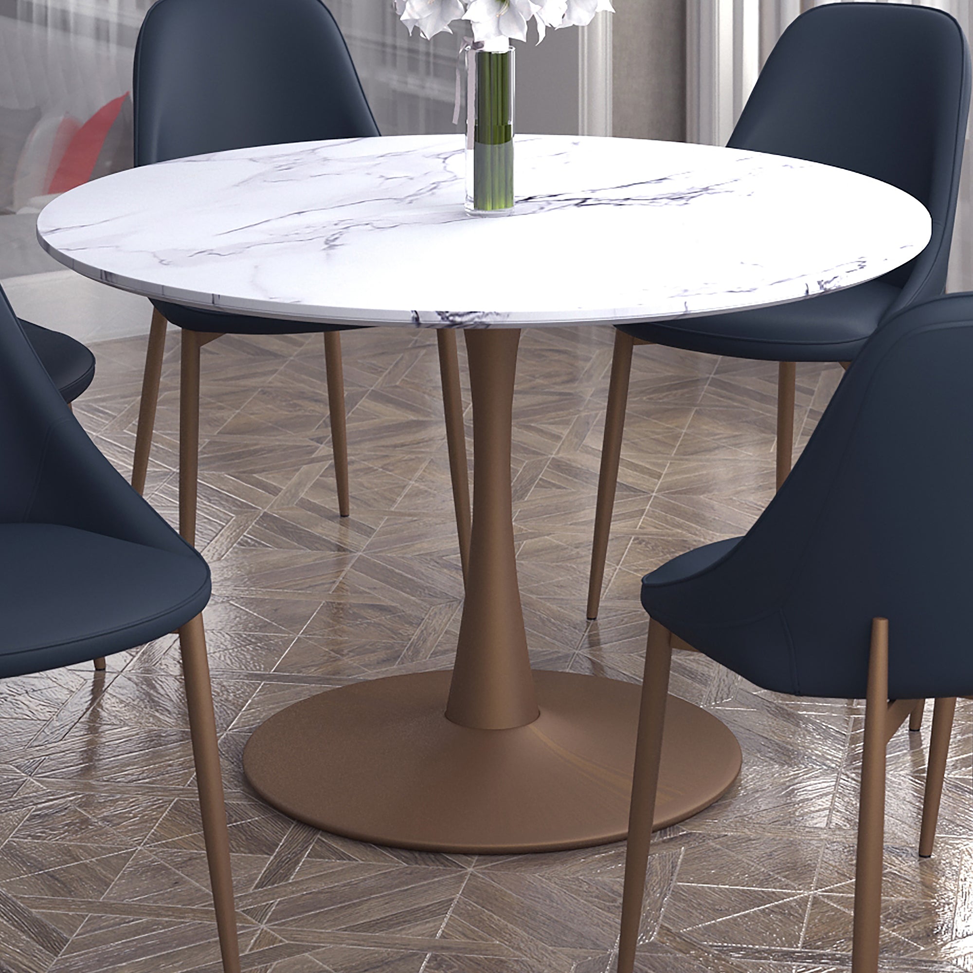 Zilo 48" Round Dining Table in White Faux Marble and Aged Gold 201-671GD_L