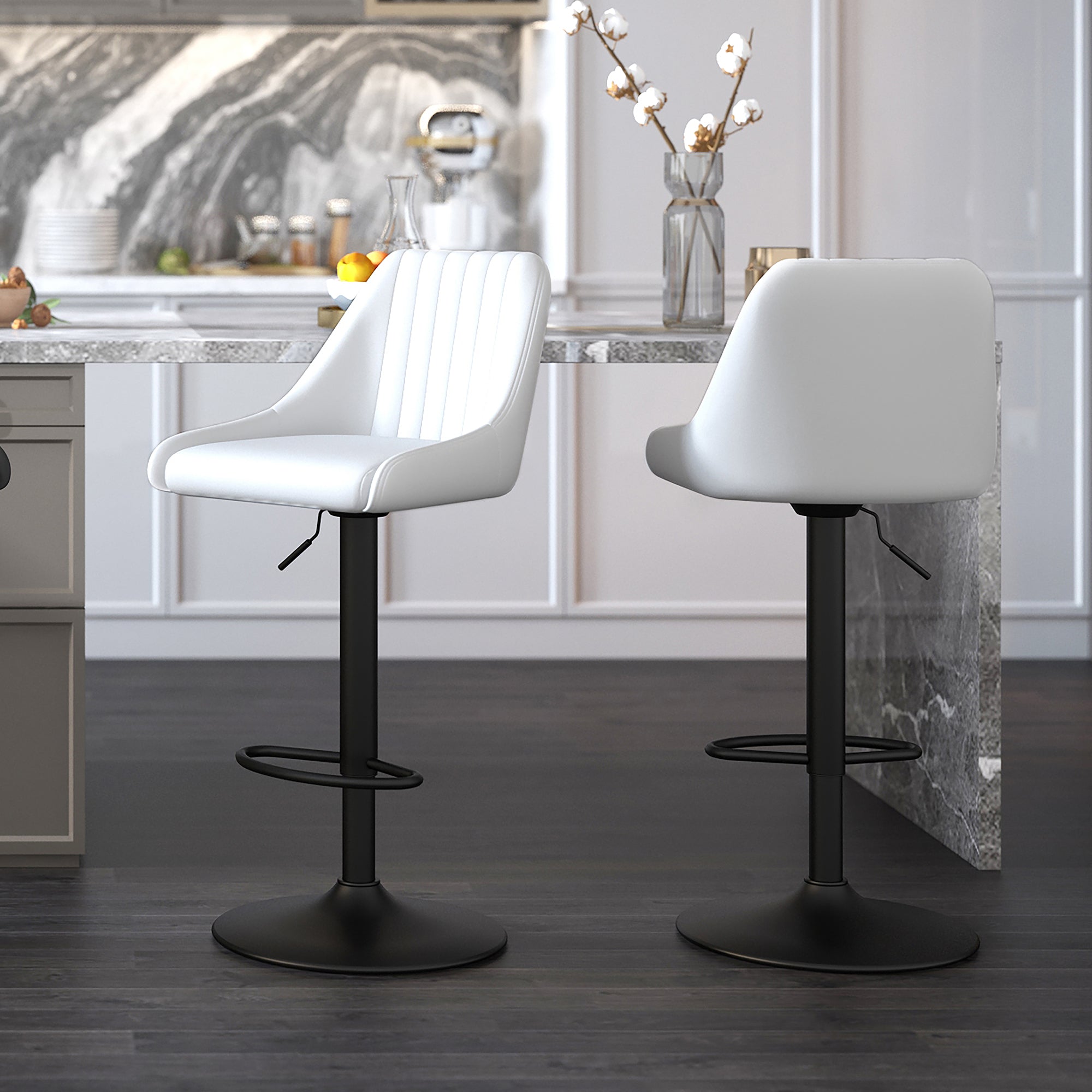 Kron Adjustable Height Air-Lift Swivel Stool, Set of 2, in White Faux Leather 203-574PUWT