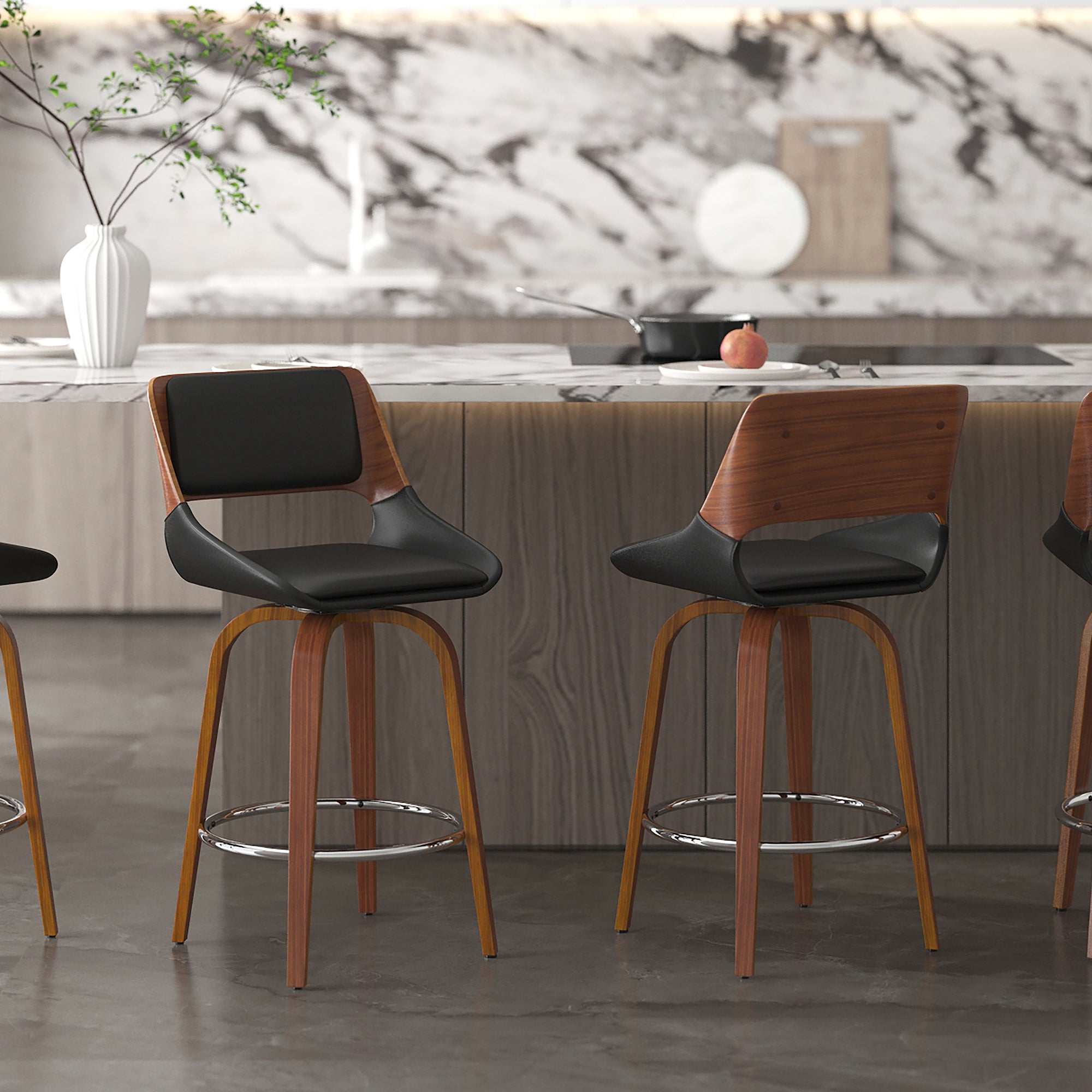 Hudson 26" Counter Stool with Swivel in Black Faux Leather and Walnut  203-582PUBK