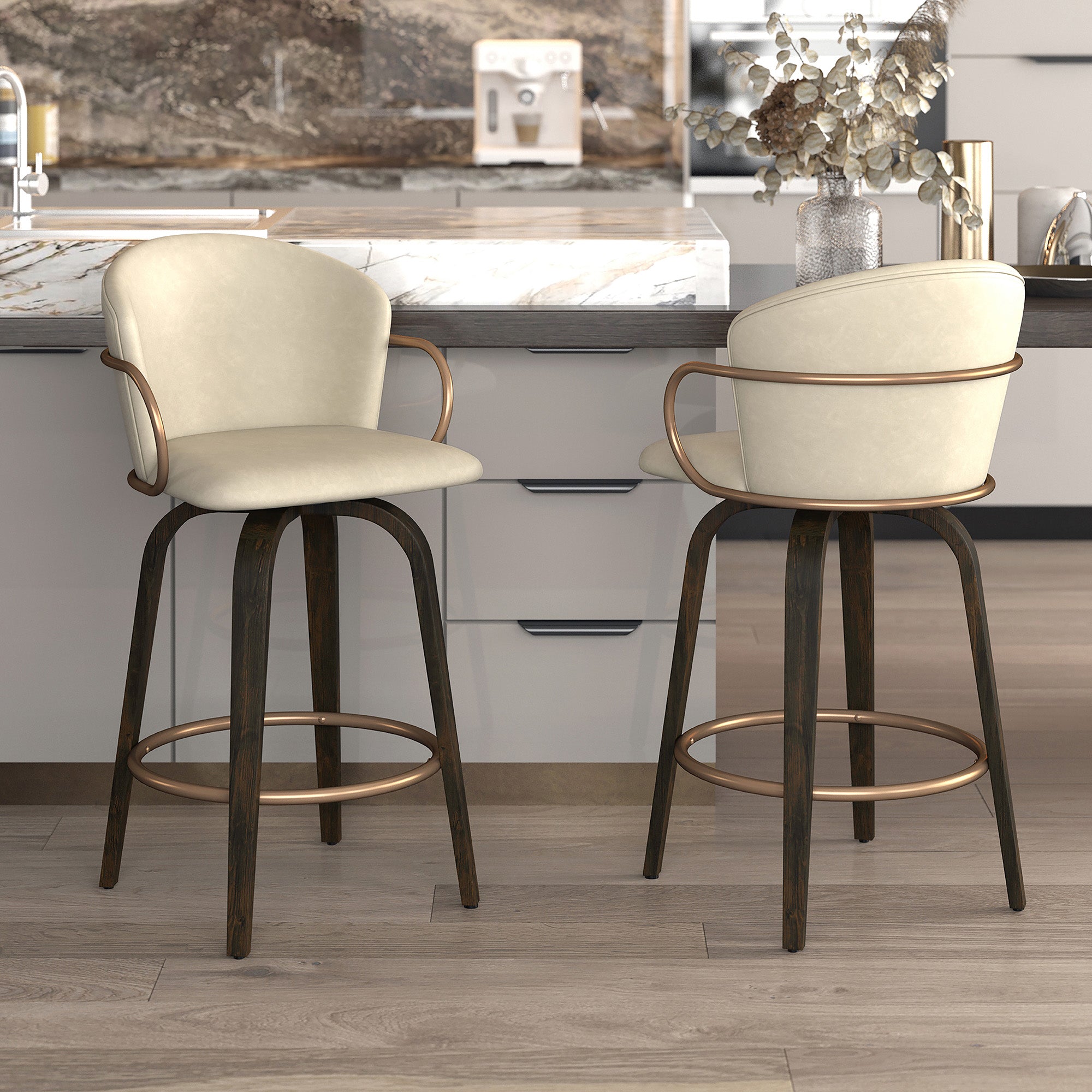 Lawson 26" Counter Stool, Set of 2, with Swivel in Vintage Ivory, Brown and Aged Gold 203-634IV