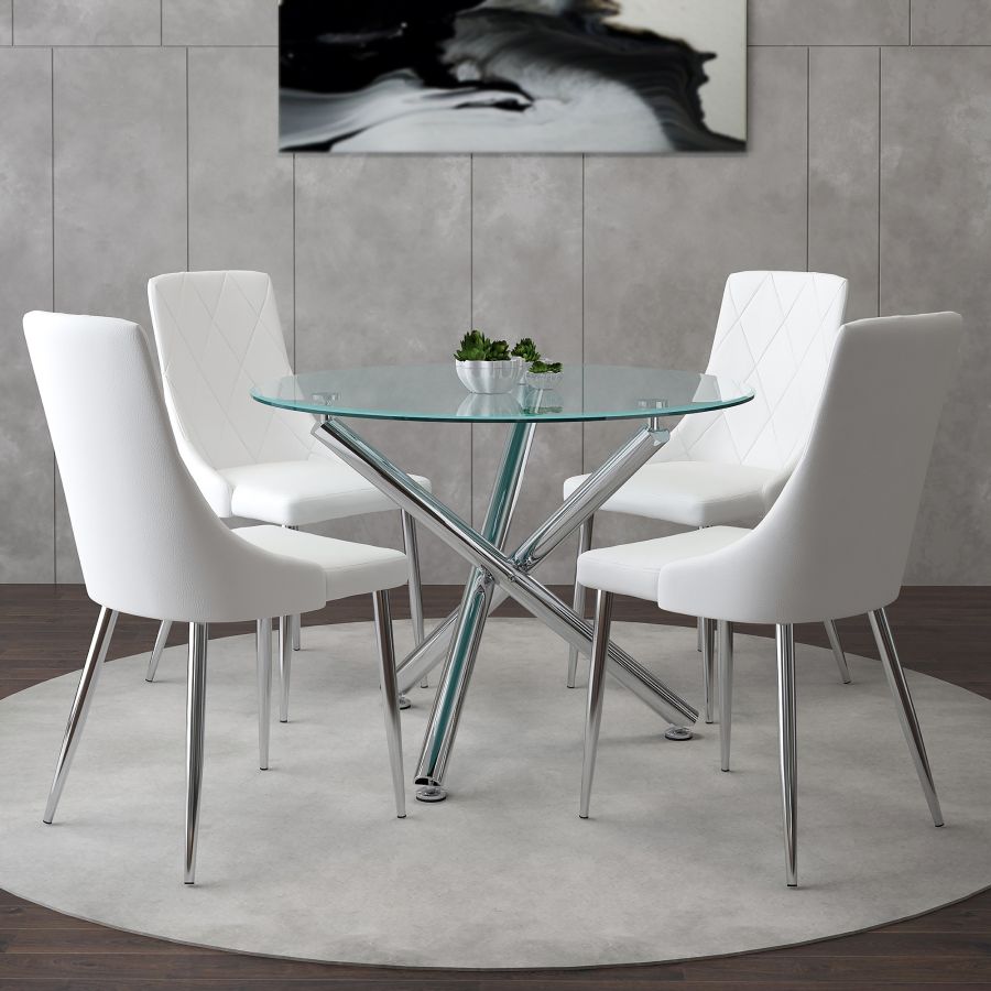 Solara/Devo 5pc Dining Set in Chrome with White Chair 207-160_087WT