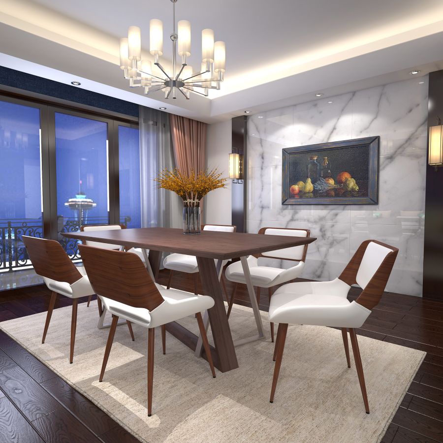 Drake/Hudson 7pc Dining Set in Walnut with White Chair 207-219_582PUWT