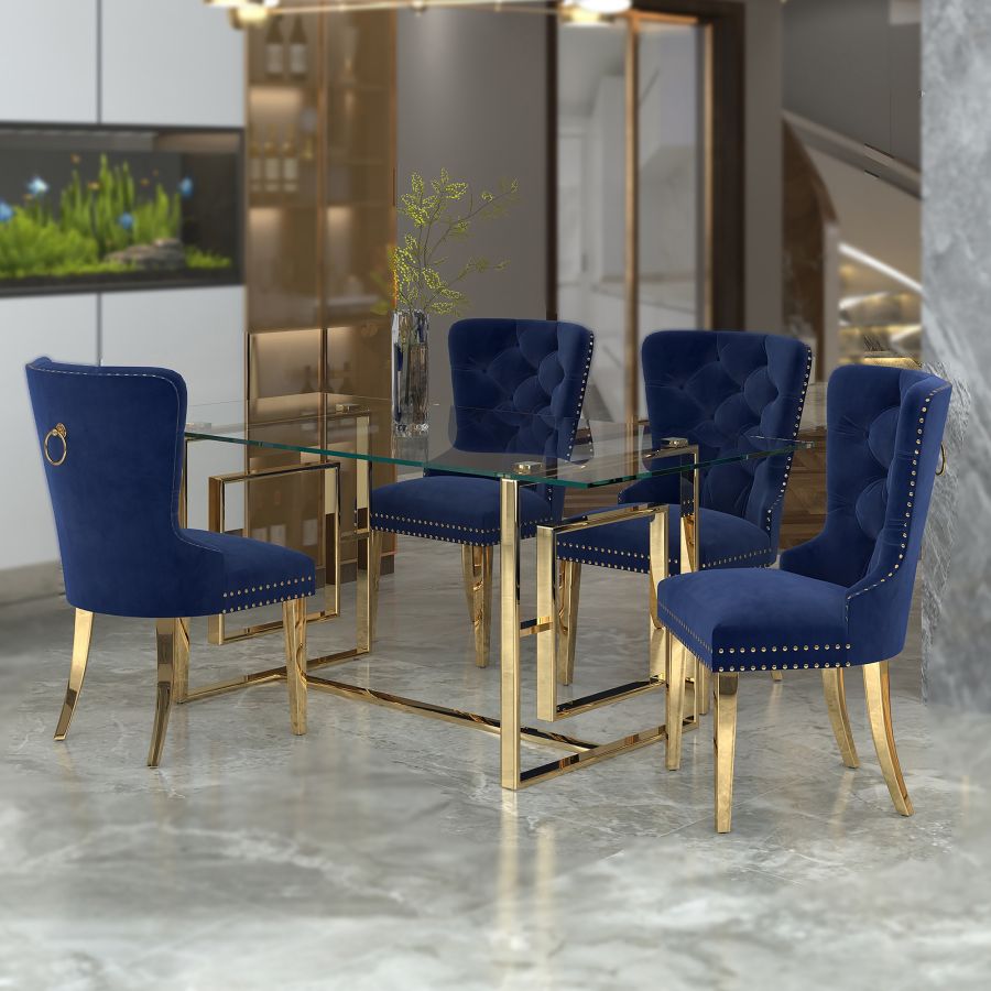 Eros/Mizal 5pc Dining Set in Gold with Navy Chair 207-482GL_629NAV