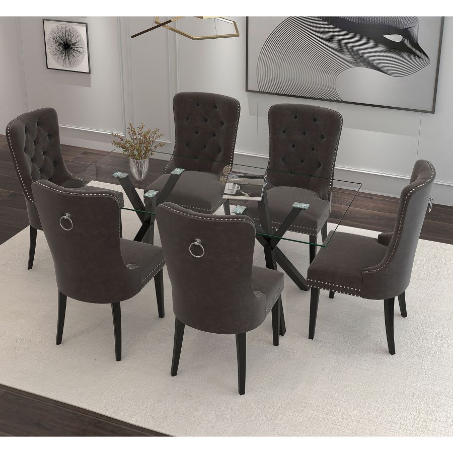 Stark/Rizzo 7pc Dining Set in Black with Grey Velvet Chair 207-535BK_080GY