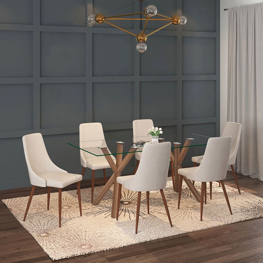 Stark/Cora 7pc Dining Set in Walnut with Beige Chair 207-535WL/182BG