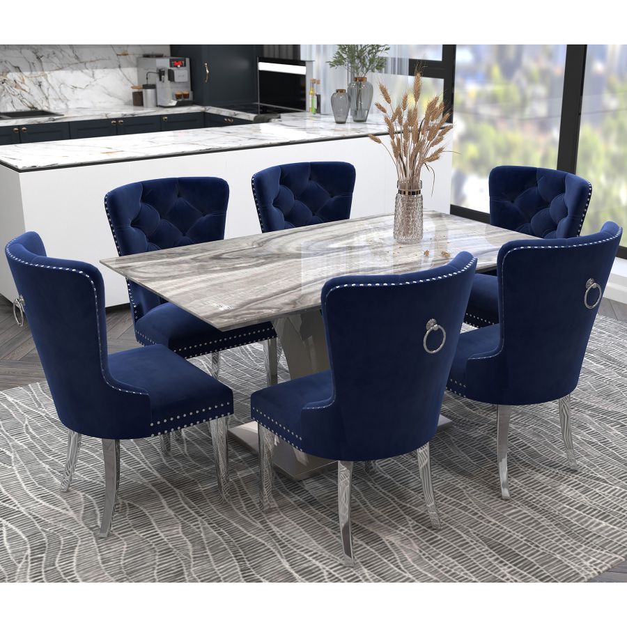 Napoli Hollis 7pc Dining Set in Grey with Navy Chair 207 545GY 614NAV