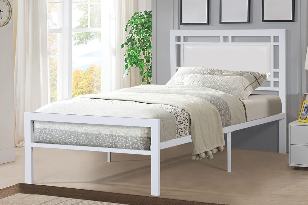 White Metal Platform Bed with Leather Headboard T 2201