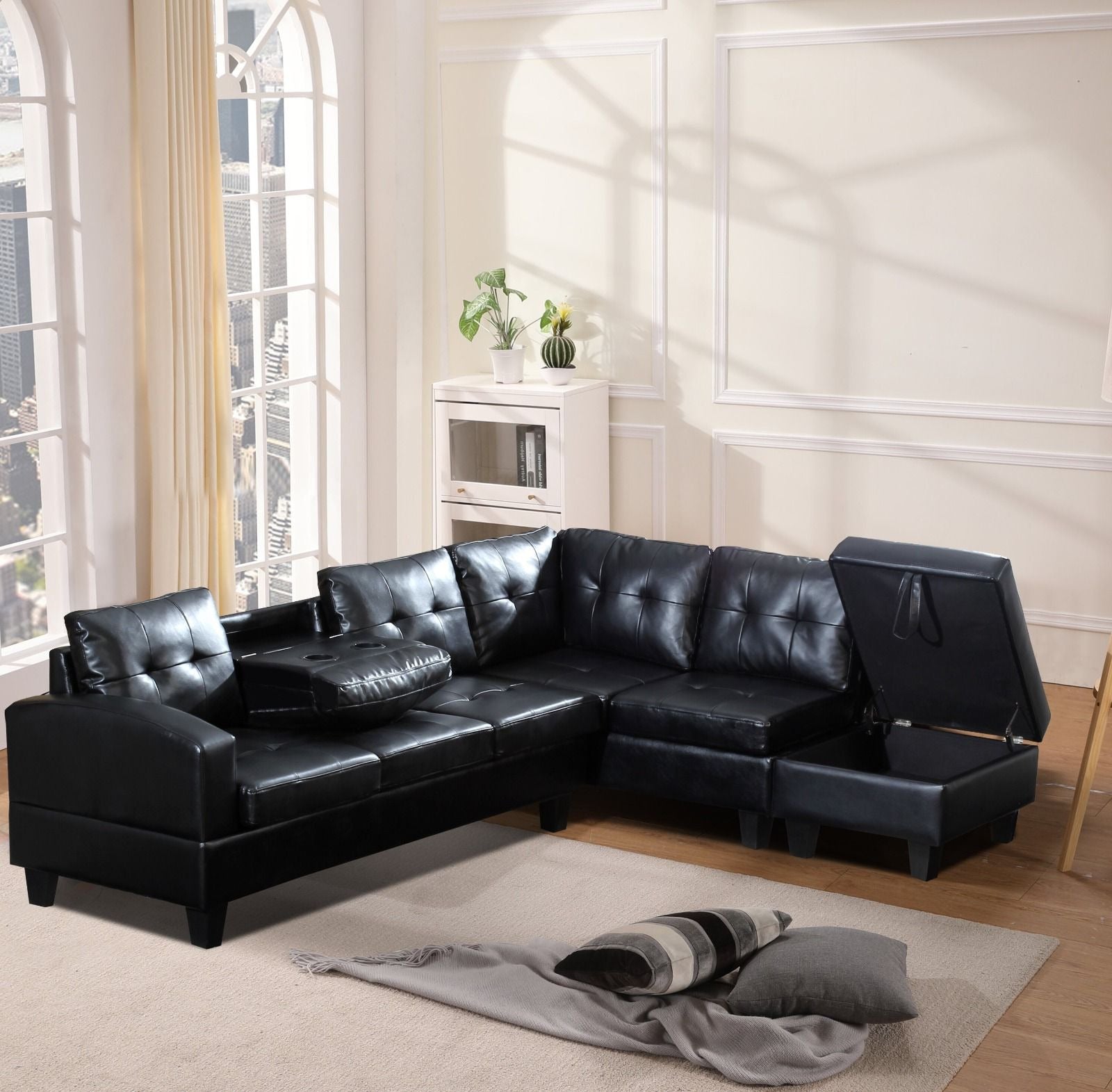 Reversible Gel Leather Sectional Sofa in Black 2212