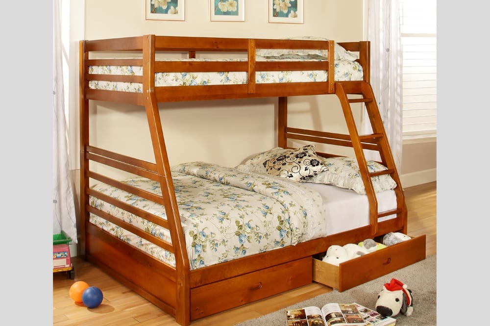 Single Over Double Bunk Bed with Two Drawers Honey 2700