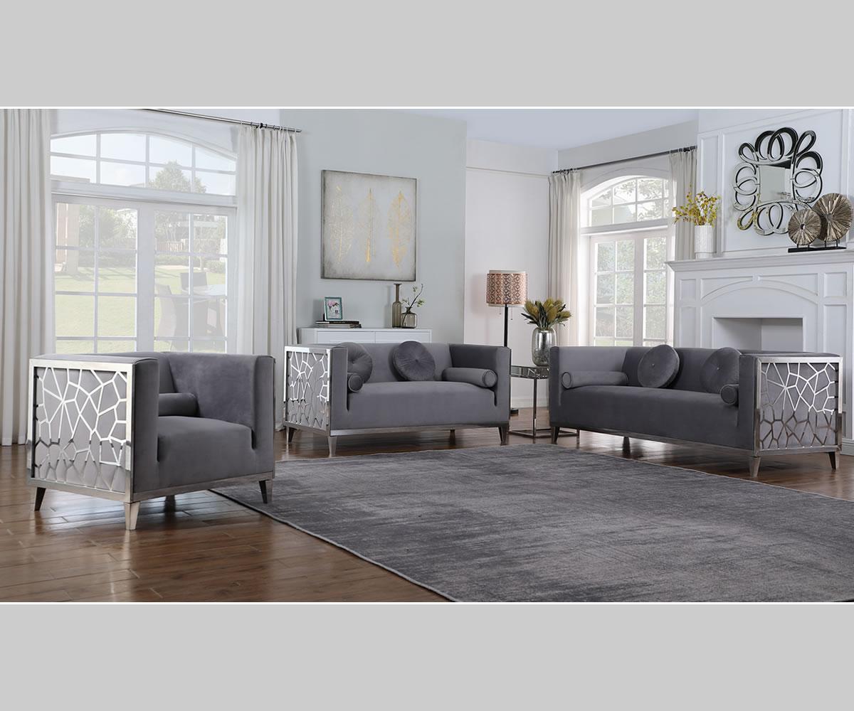 Grey Velvet Sofa Set with Throw Pillows 1361