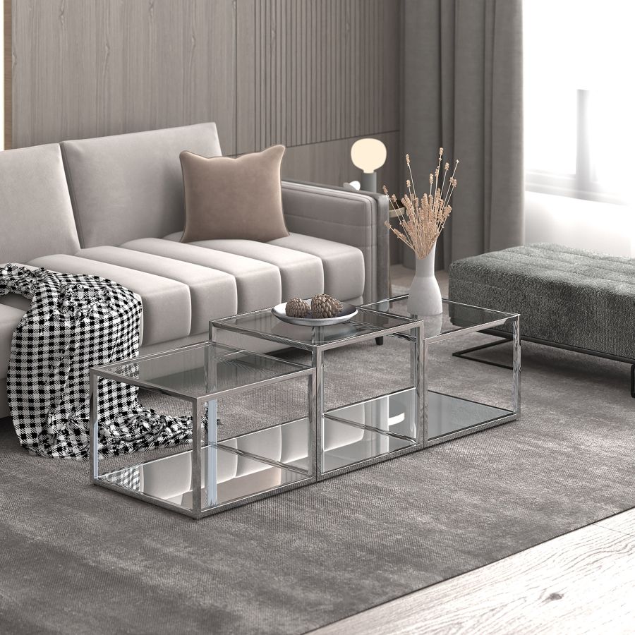 Casini 3pc Multi-Tier Coffee Table Set in Silver 303-632CH-3