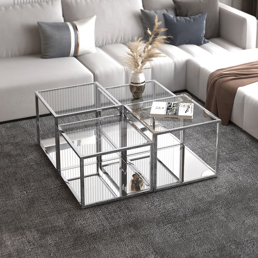 Casini 4pc Multi-Tier Coffee Table Set in Silver 303-632CH-4