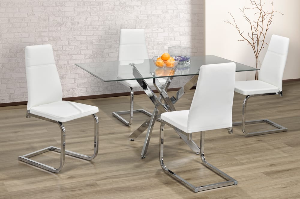 Glass Dining Set With Linen Fabric Chairs White T 3465 / T210