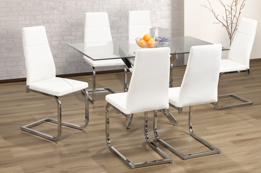 Glass Dining Set With Linen Fabric Chairs White T 3465 / T210