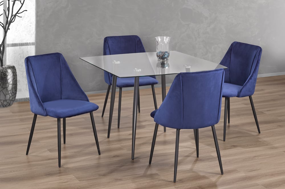 Tempered Glass Dining Table With 4 Blue Chairs T 3476 / T 212