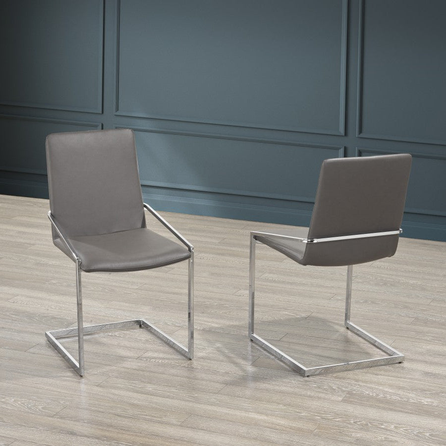 A set of two modern gray dining chairs with a chrome-finished frame and padded seats, displayed in a minimalist setting.