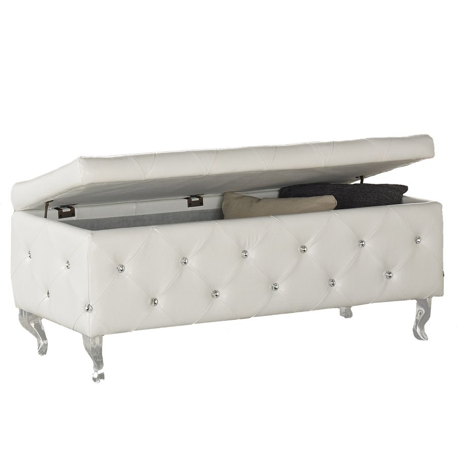 Monique Rectangular Storage Ottoman in White and Chrome 402-130WT