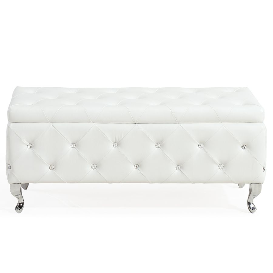 Monique Rectangular Storage Ottoman in White and Chrome 402-130WT