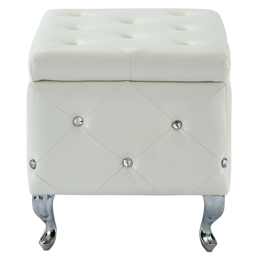 Monique Rectangular Storage Ottoman in White and Chrome 402-130WT