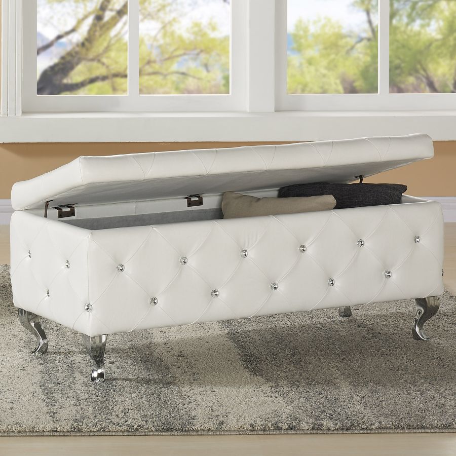Monique Rectangular Storage Ottoman in White and Chrome 402-130WT