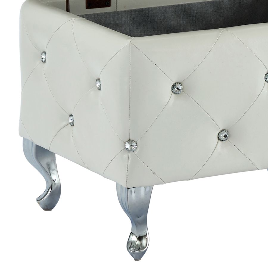 Monique Rectangular Storage Ottoman in White and Chrome 402-130WT