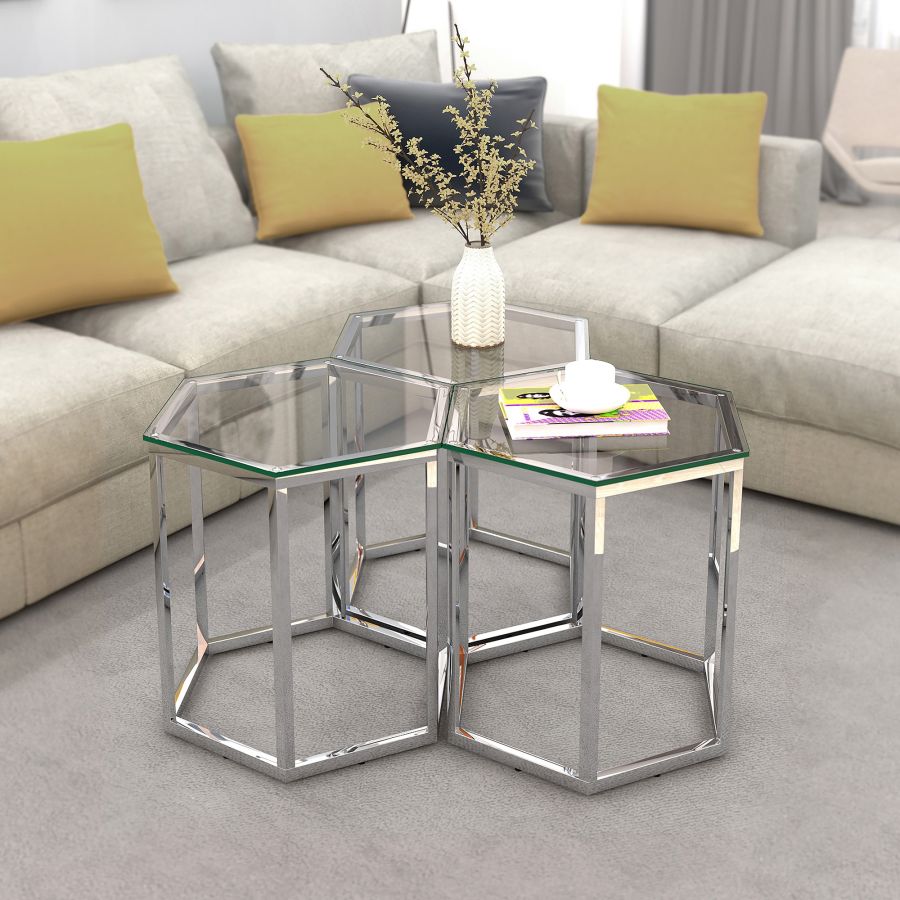 Fleur 3pc Accent Table Set in Silver 501-635CH-3