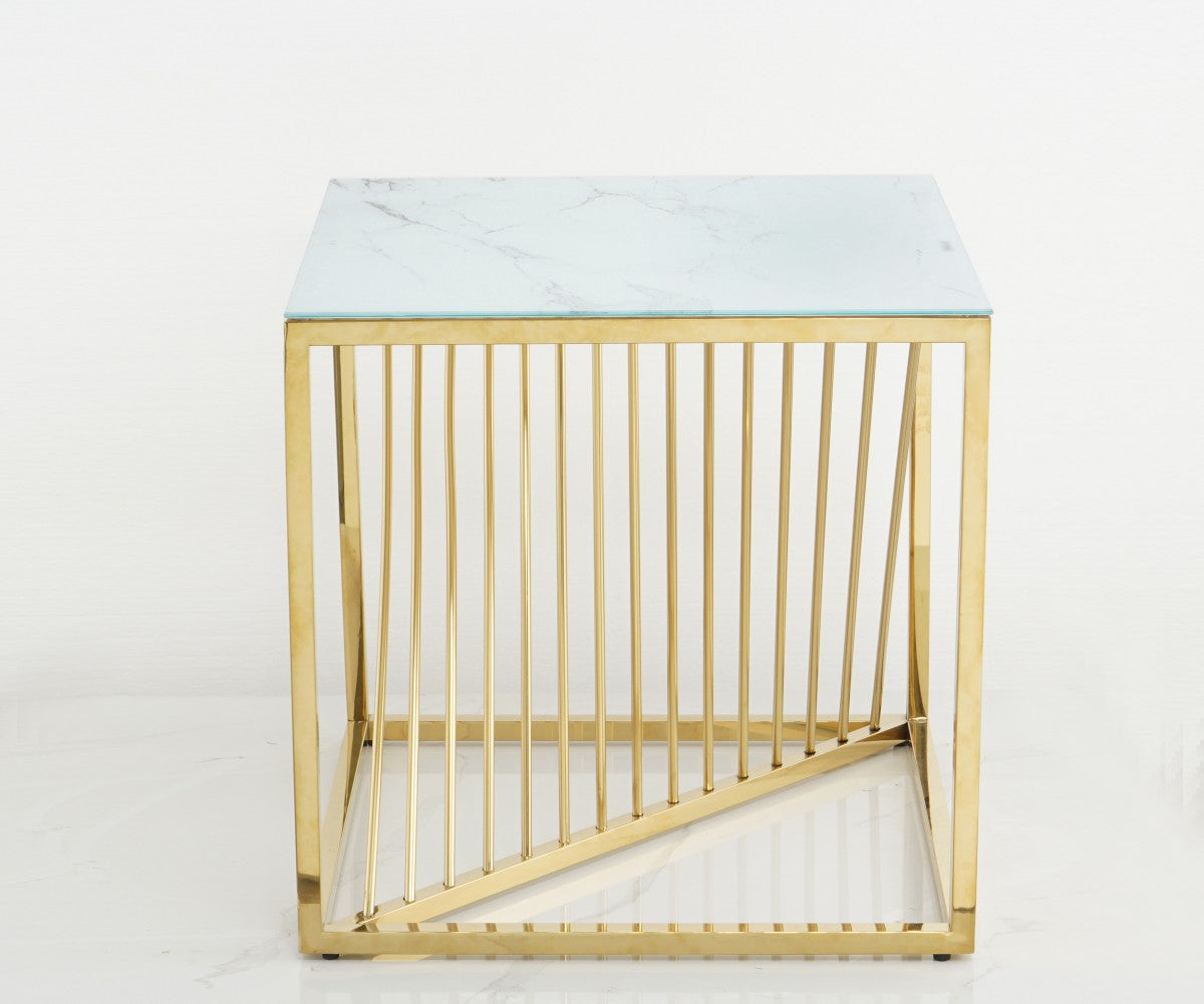 Contemporary Styling Marble Glass Top Side Table With Gold Legs STC-010-C