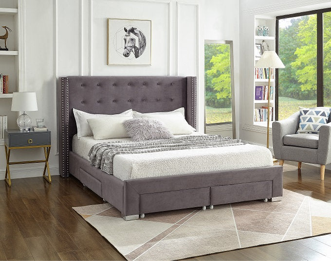 Grey Velvet Fabric Wing Bed with Nailhead 5320
