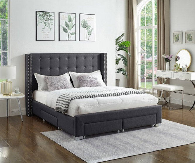 Queen Grey Velvet Fabric Wing Bed with Nailhead 5327