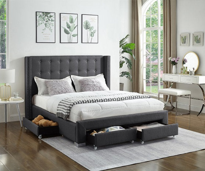 Queen Grey Velvet Fabric Wing Bed with Nailhead 5327