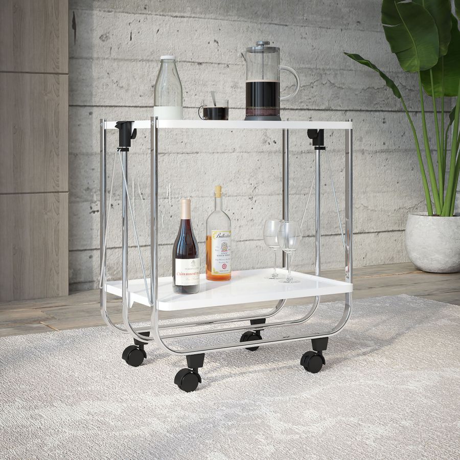 Sumi 2-tier Folding Bar Cart in White and Chrome