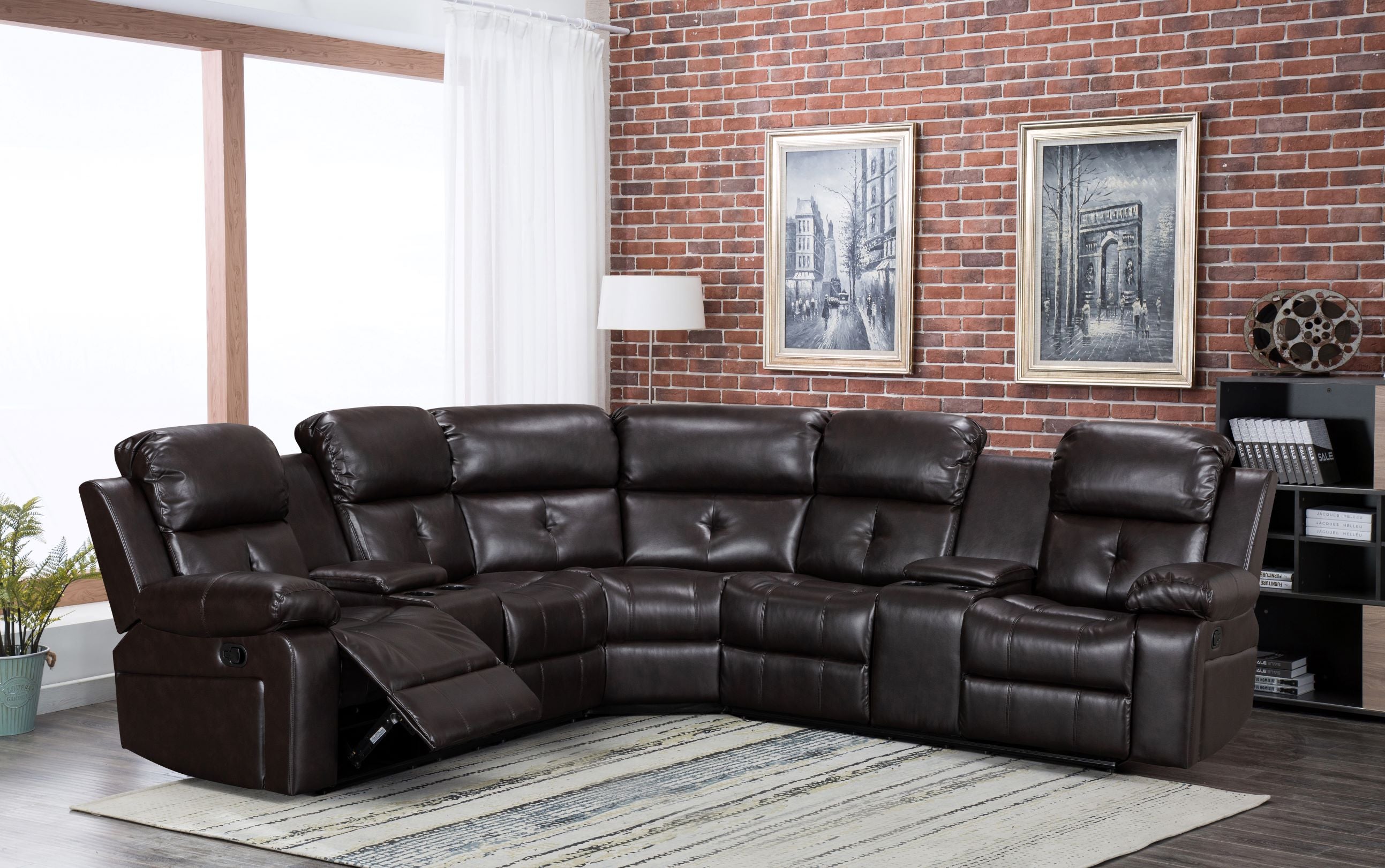 Marcel Manual Recliner Sectional Sofa Dark Brown Gel Leather 73010