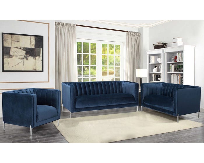 Arthur Velvet Suede Fabric Sofa Set with Metal Legs in Blue 19043