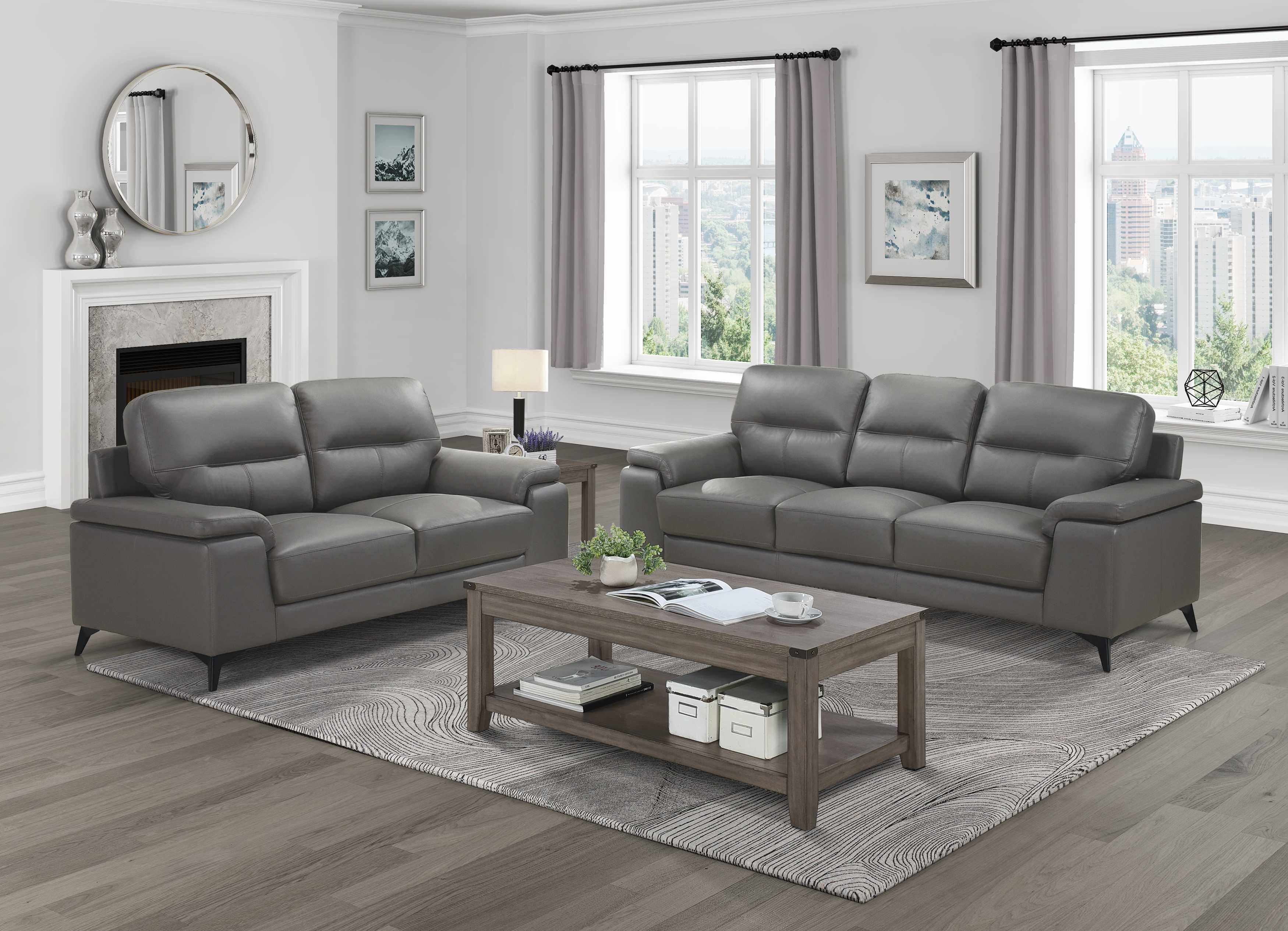 Mischa Top Grain Leather 2PC Sofa Set Dark Grey 9514